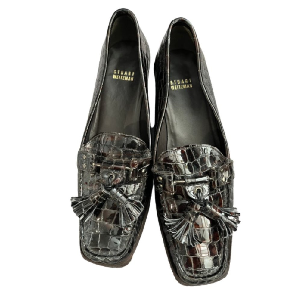 Stuart Weitzman moc croc wedge tassel loafers